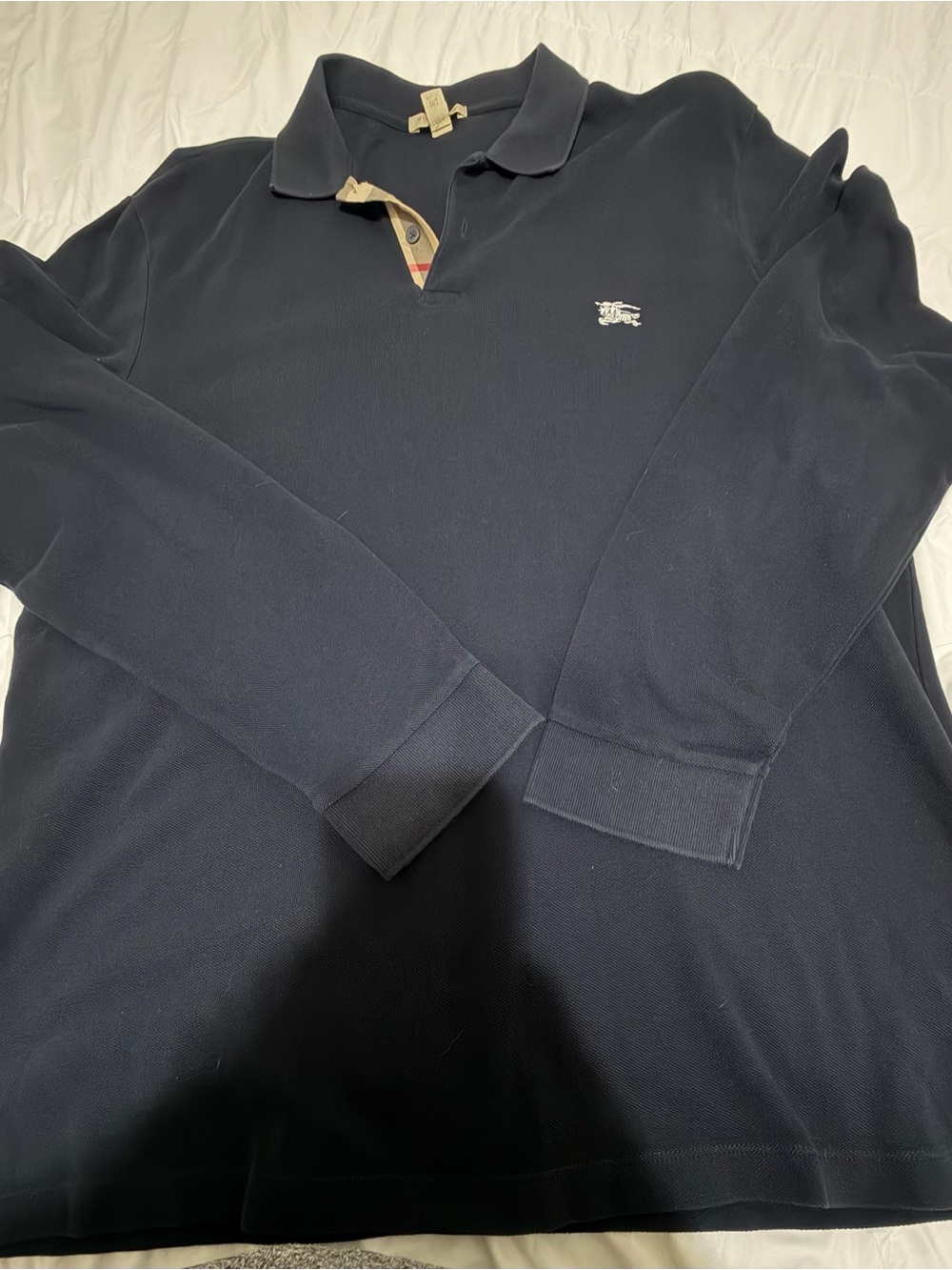 Burberry Men’s Dark Navy Long-Sleeve Polo with Iconic Check Trim
